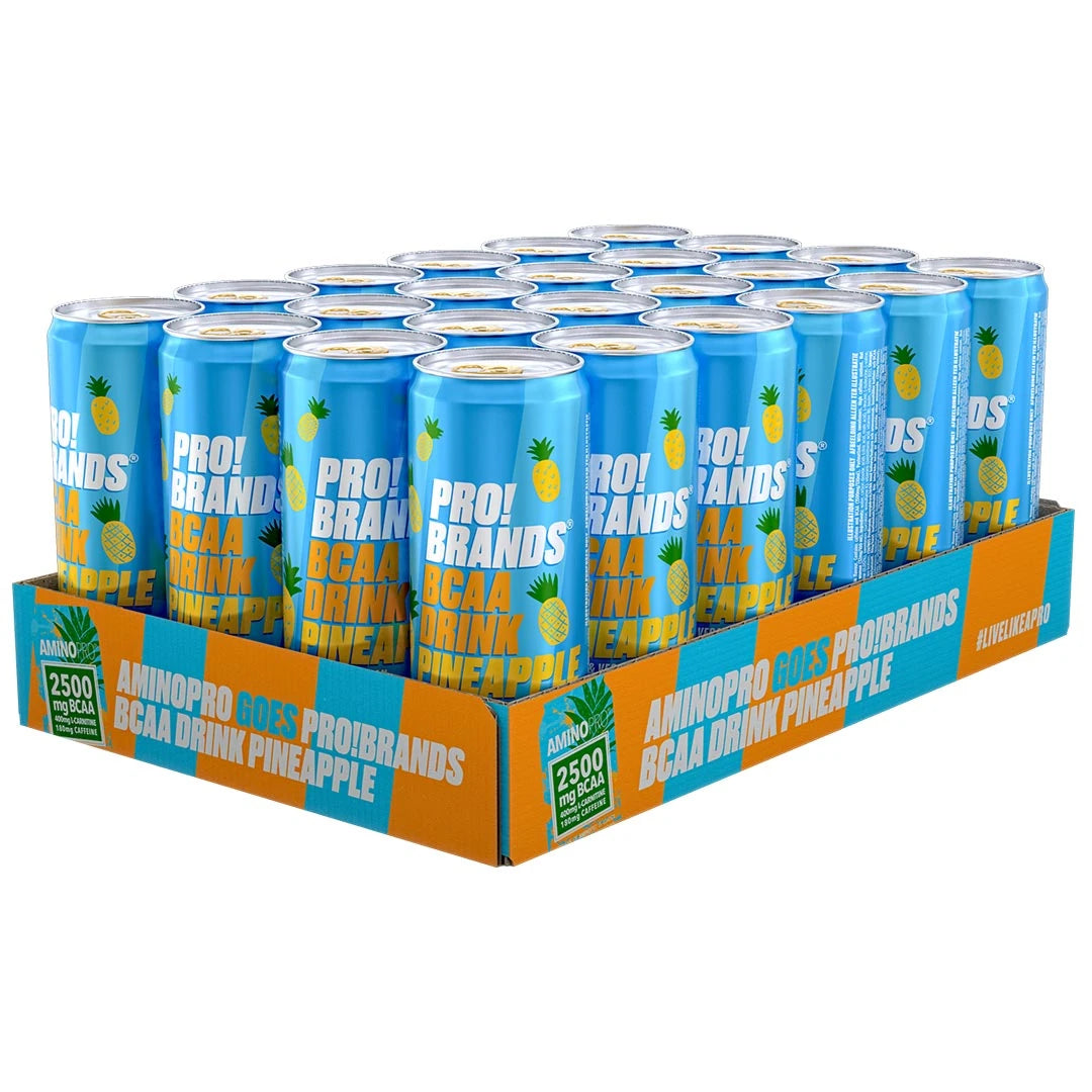 24 x Pro Brands BCAA Drink 330 ml Pineapple oranssi-turkoosissa laatikossa, jossa vaaleansinisiä tölkkejä ananaskuvioilla.