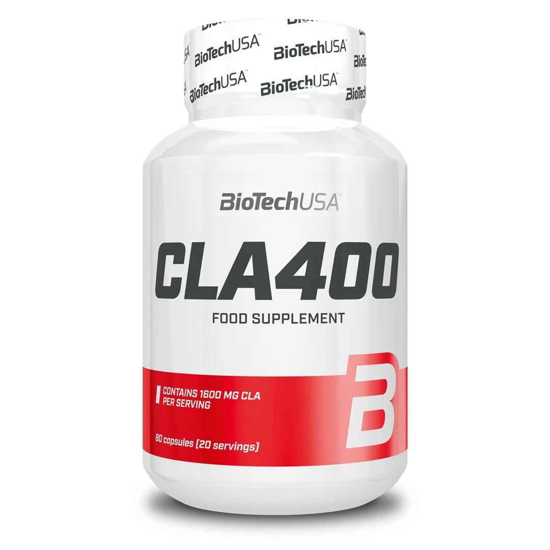 BioTechUSA CLA 400 80 caps -ravintolisä valkoisessa purkissa, jossa on punainen yksityiskohta ja musta teksti.