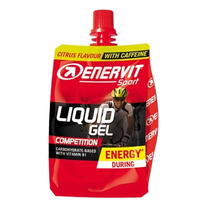 Enervit Liquid Gel Competition 60 ml -energiageeli punaisessa pakkauksessa keltaisilla yksityiskohdilla, makuna sitrus.