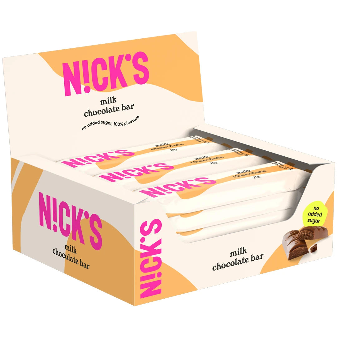 24 x Nicks Milk Chocolate 25 g beige-oranssissa laatikossa vaaleanpunaisella logolla, joka on täytetty suklaapatukoilla., kuva 1/1