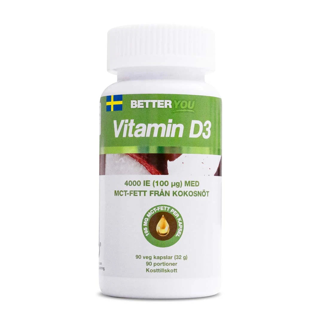 Valkoinen purkki vihreillä yksityiskohdilla, joka sisältää Better You Vitamin D3 4000 IE + MCT 90 caps -ravintolisää.