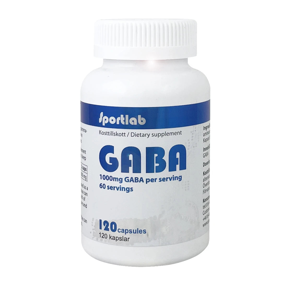 Sportlab GABA 120 caps -ravintolisä valkoisessa purkissa sinisillä yksityiskohdilla, 1000 mg per annos.