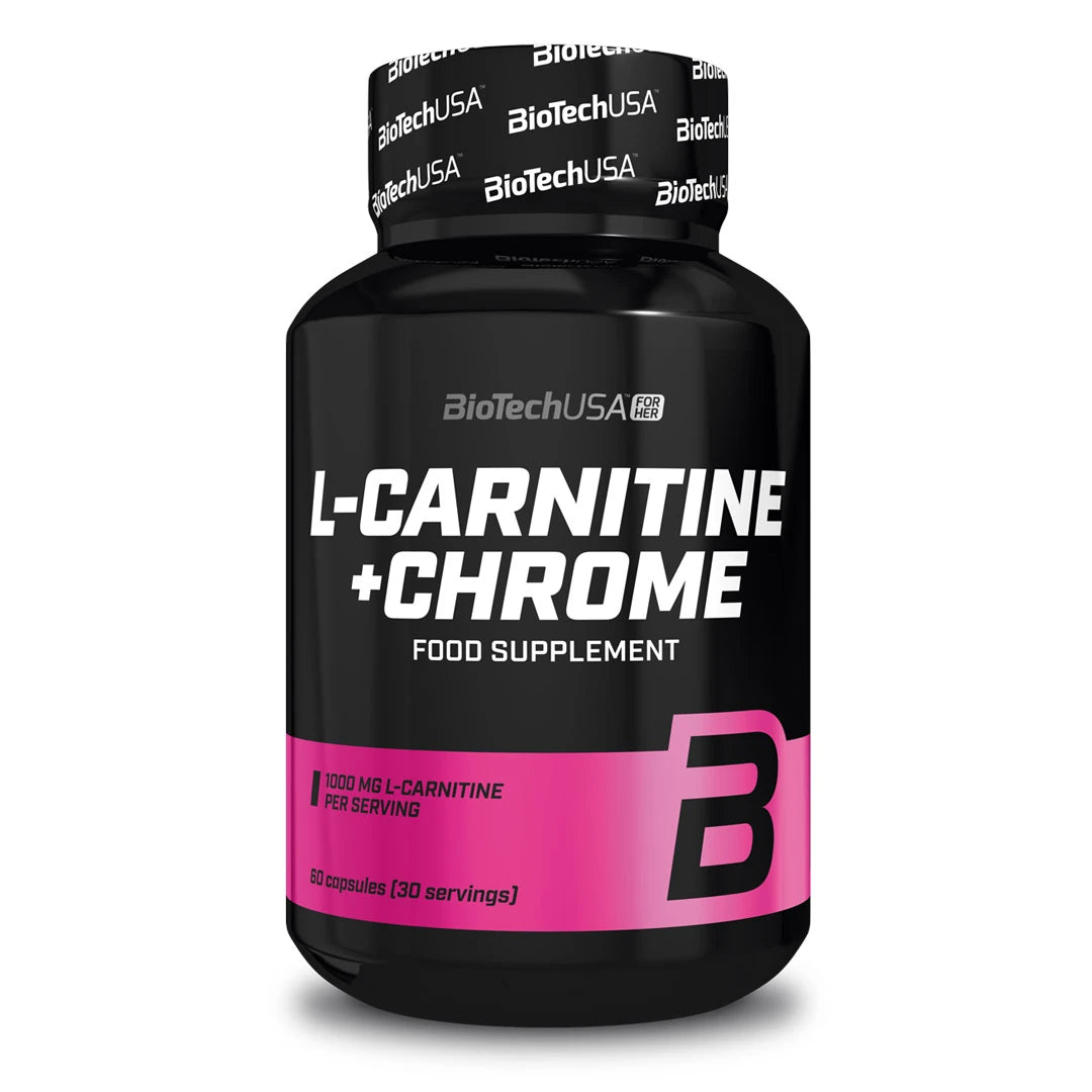 BioTechUSA L-carnitine + Chrome 60 caps -rasvanpolttaja mustassa purkissa vaaleanpunaisilla yksityiskohdilla.