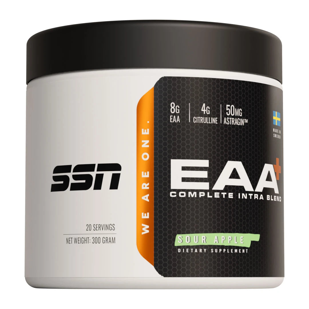 SSN EAA+ 300 g -aminohapot valkoisessa purkissa mustilla yksityiskohdilla, makuna Sour Apple.