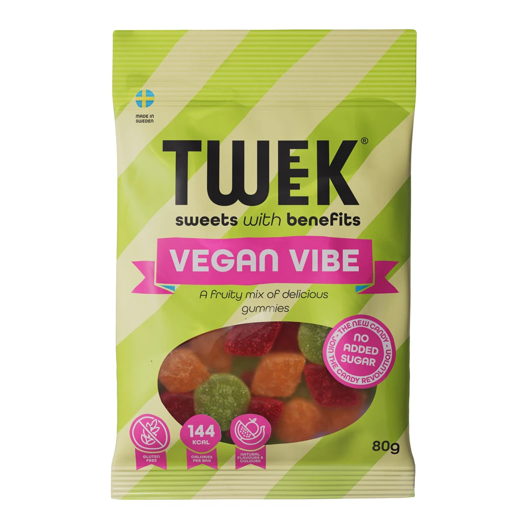 Tweek Sweets 80 g Vegan Vibe -hyytelökarkkeja vaaleanvihreässä pussissa, jonka ikkunasta näkyy värikkäitä paloja.