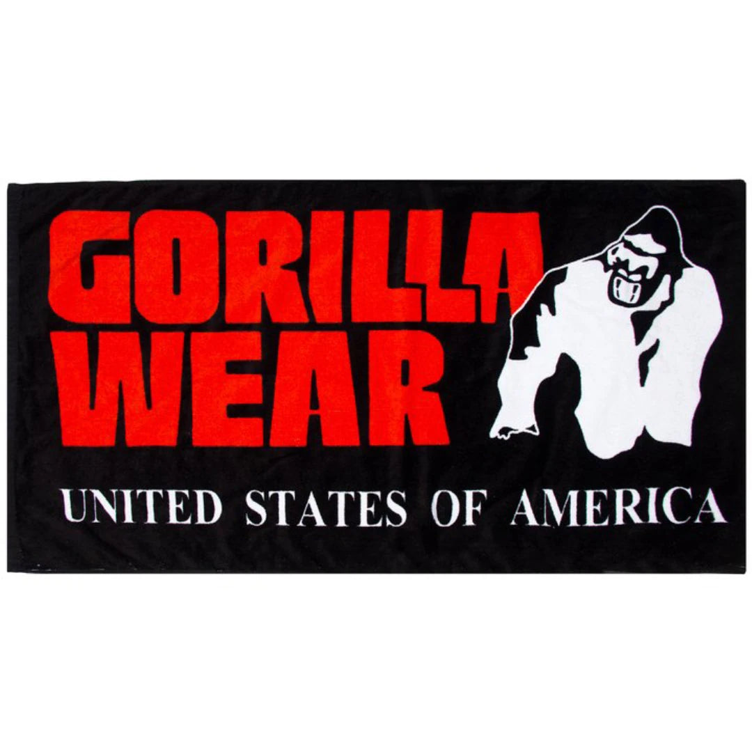 Musta Gorilla Wear Classic Gym Towel Black & Red -treenipyyhe, jossa on suuri punavalkoinen painatus.