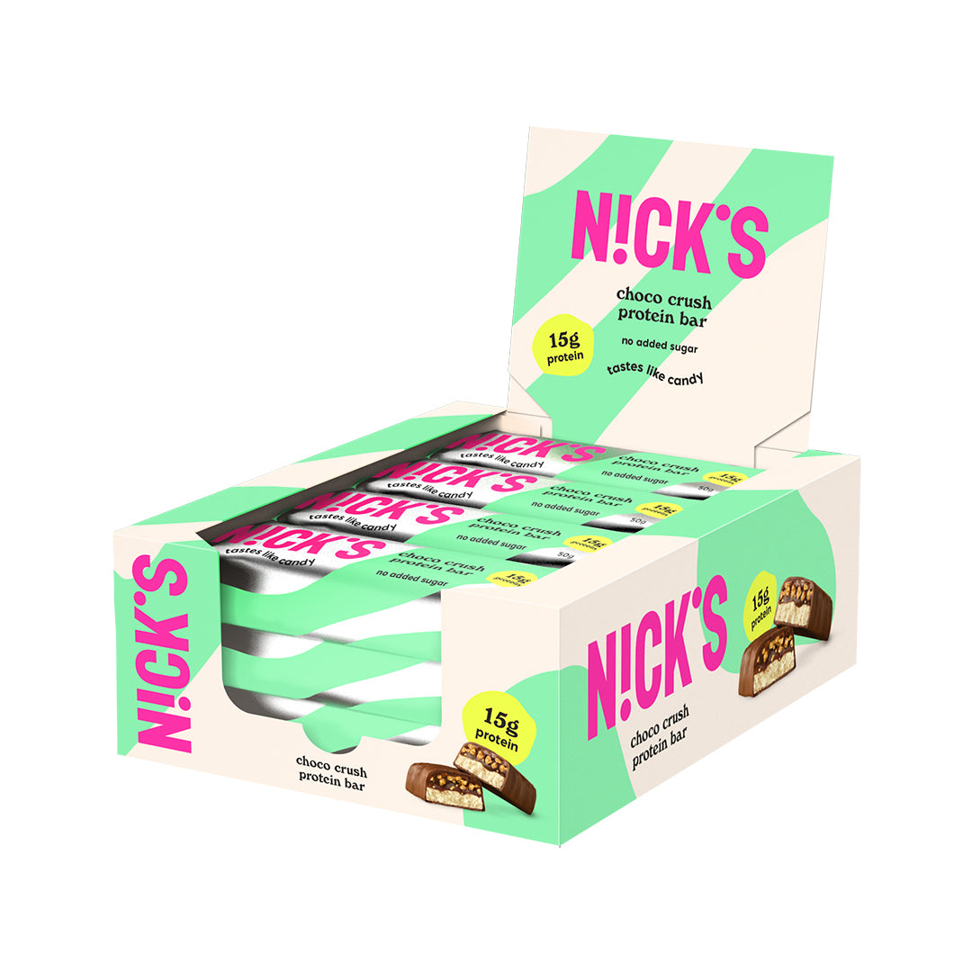 12 x NICKS Soft bar 50 g Choco Crush SUPER DEAL valko-vaaleanvihreässä laatikossa vaaleanpunaisilla yksityiskohdilla.