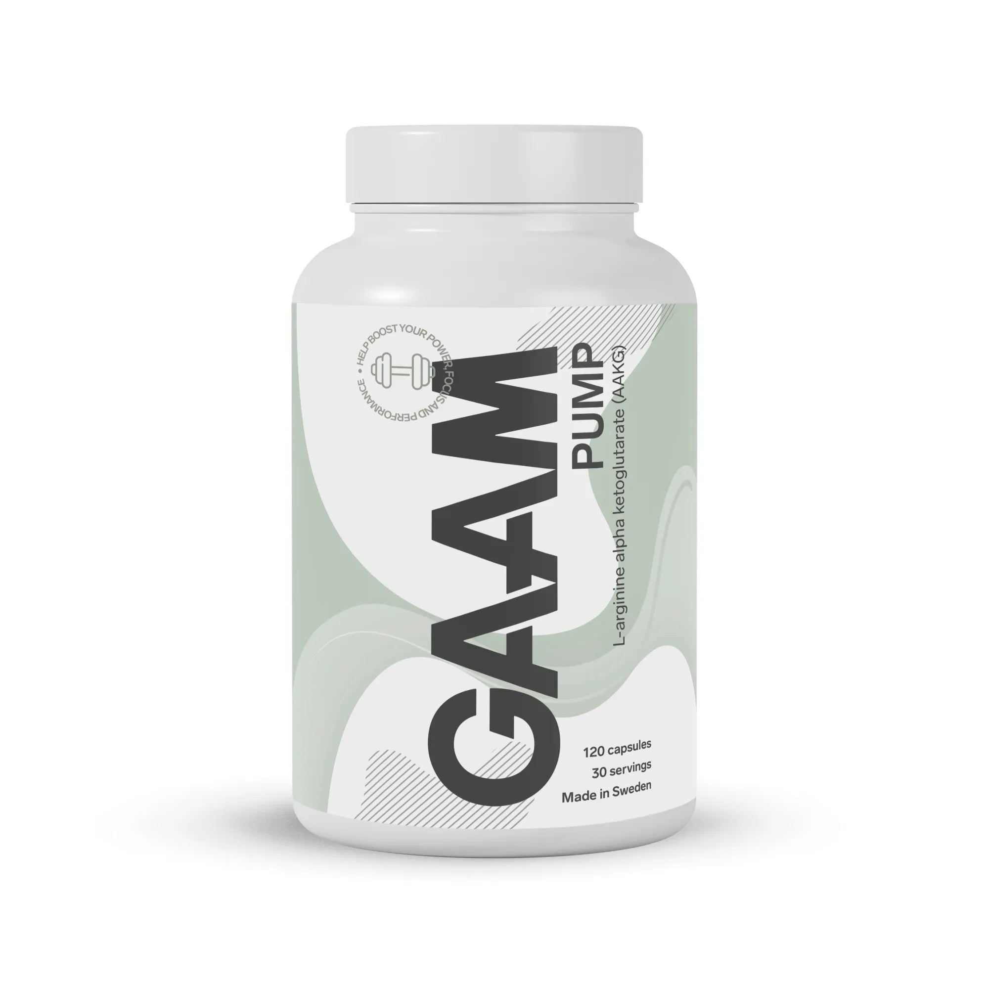 GAAM PUMP 120 caps -kofeiiniton AAKG-ravintolisä valkoisessa purkissa harmaanvihreillä yksityiskohdilla.