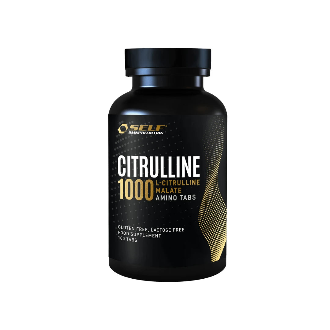 Self Omninutrition Citrulline 1000 100 tabs -ravintolisä mustassa purkissa kultaisilla yksityiskohdilla.