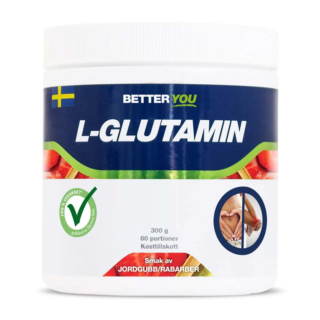 Better You Naturligt Glutamine 300 g -aminohappoja valkoisessa purkissa sinivihreällä etiketillä, makuna mansikka-raparperi.