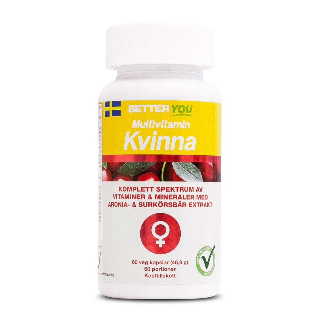 Better You Multivitamin Kvinna 60 caps -vegaanivitamiinit valkoisessa muovipurkissa, jossa on kelta-punainen etiketti.