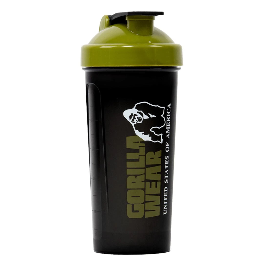 Musta muovinen Gorilla Wear XXL Shaker Black & Army Green armeijanvihreällä kannella, tilavuus 1000 ml.