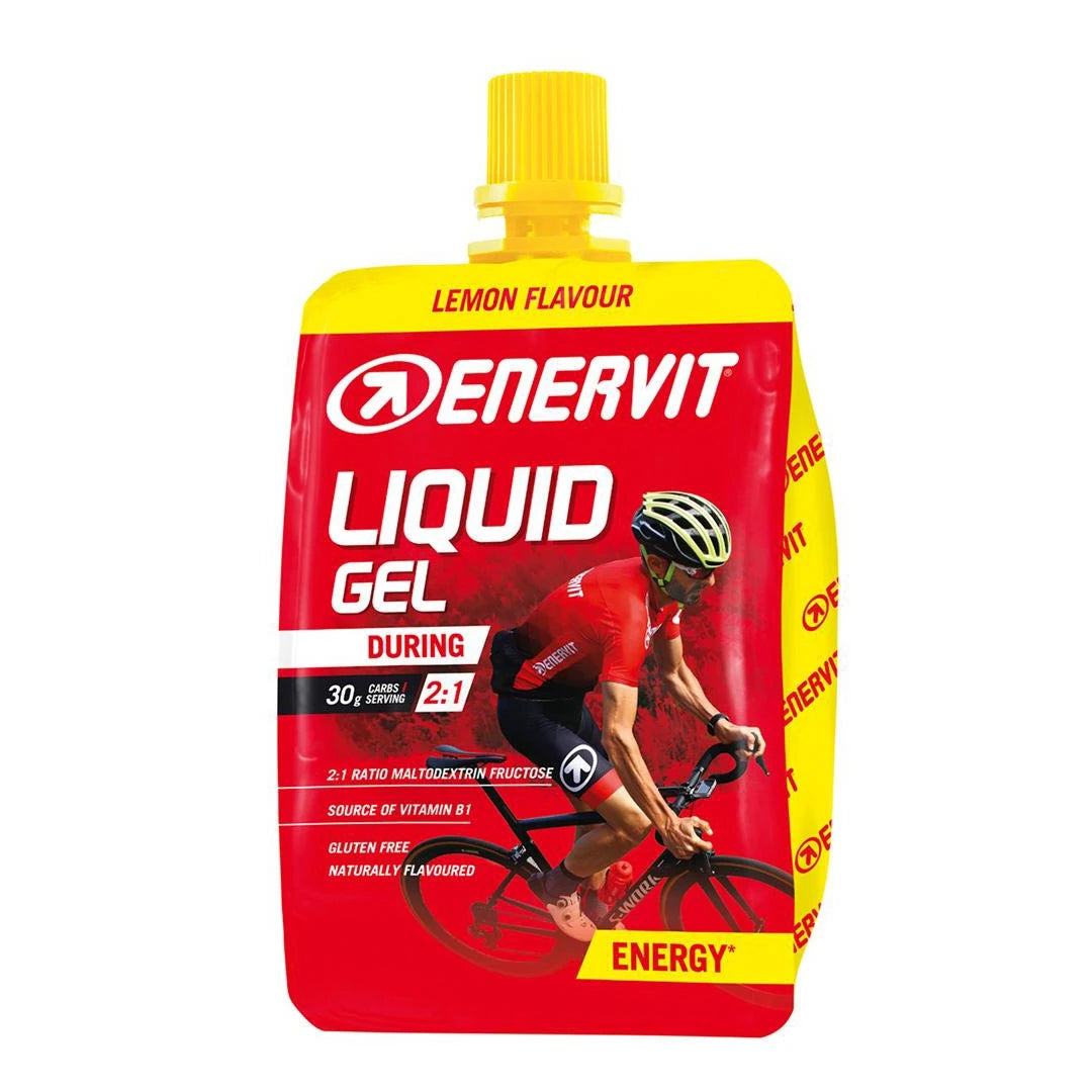 Enervit Liquid Gel 60 ml -energiageeli punakeltaisessa pussissa, makuna Lemon Flavour ja kuvituksena pyöräilijä.