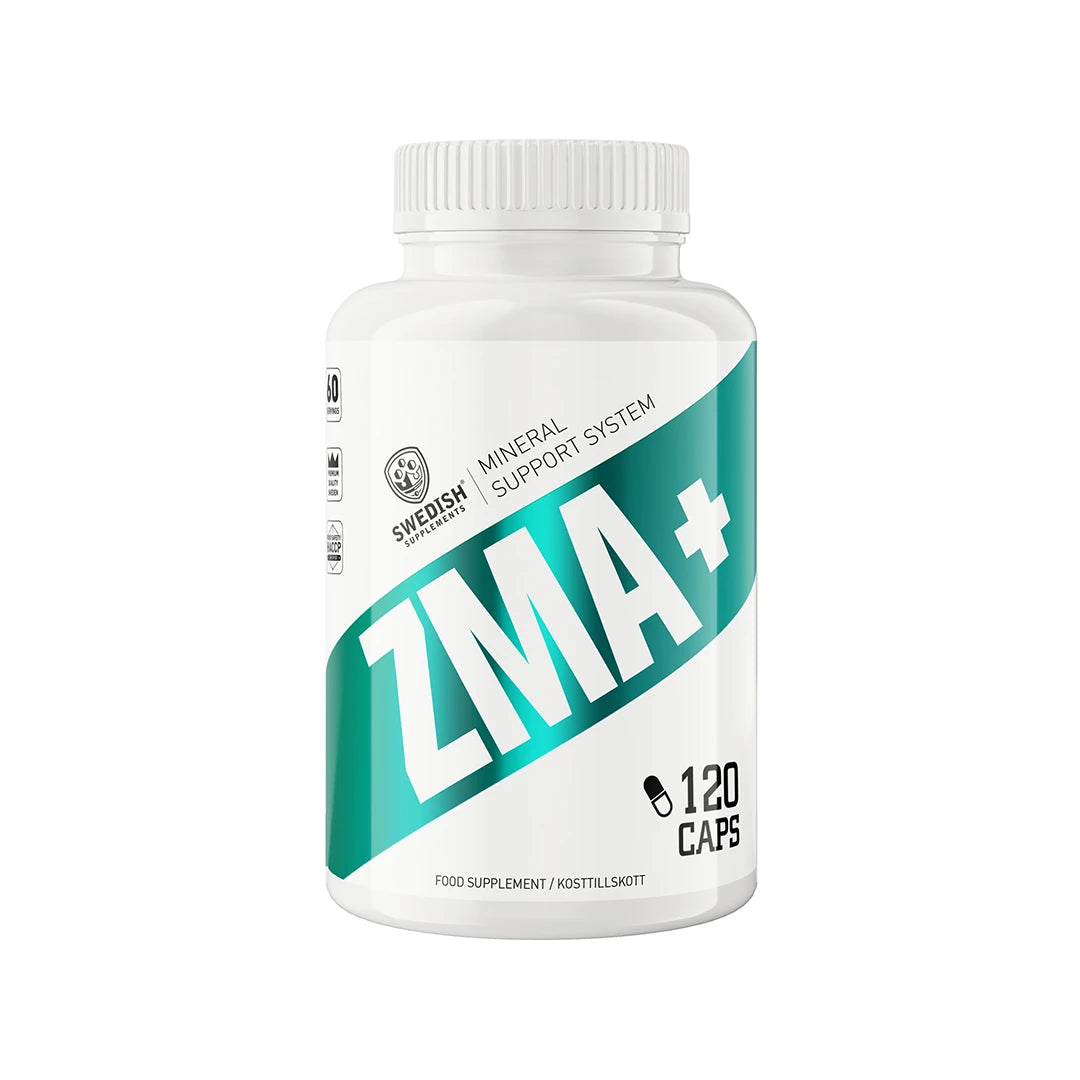 Swedish Supplements ZMA 120 caps -mineraalilisä valkoisessa muovipurkissa, jossa on turkooseja yksityiskohtia.