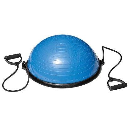 Virtufit Balance Trainer, sininen PVC-tasapainopallo tukevalla mustalla alustalla ja kahdella treeninauhalla.
