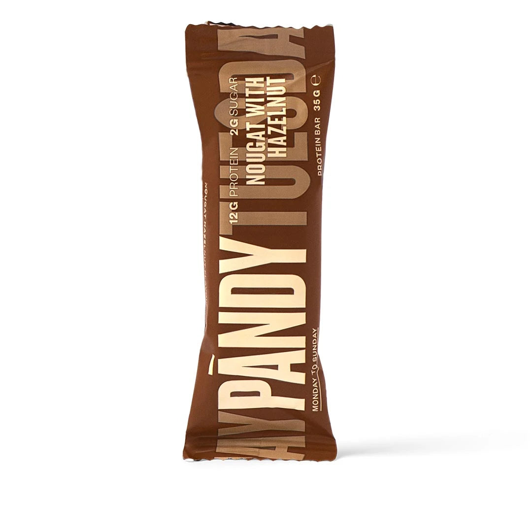 Pändy Protein Bar 35 g ruskeassa pakkauksessa, makuna Nougat with Hazelnut.
