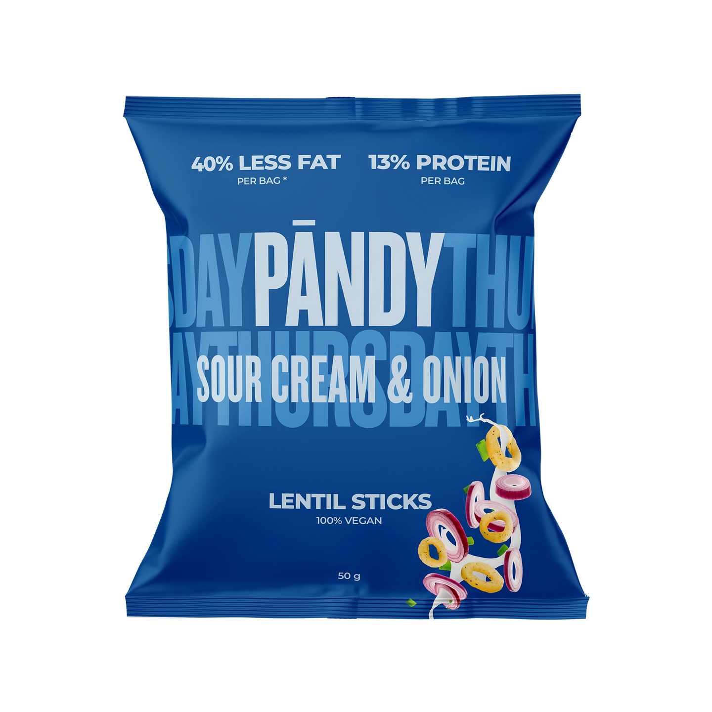 Pändy Lentil Snacks 50 g -linssisipsit tummansinisessä pussissa, makuna Sourcream &amp; Onion., kuva 1/1