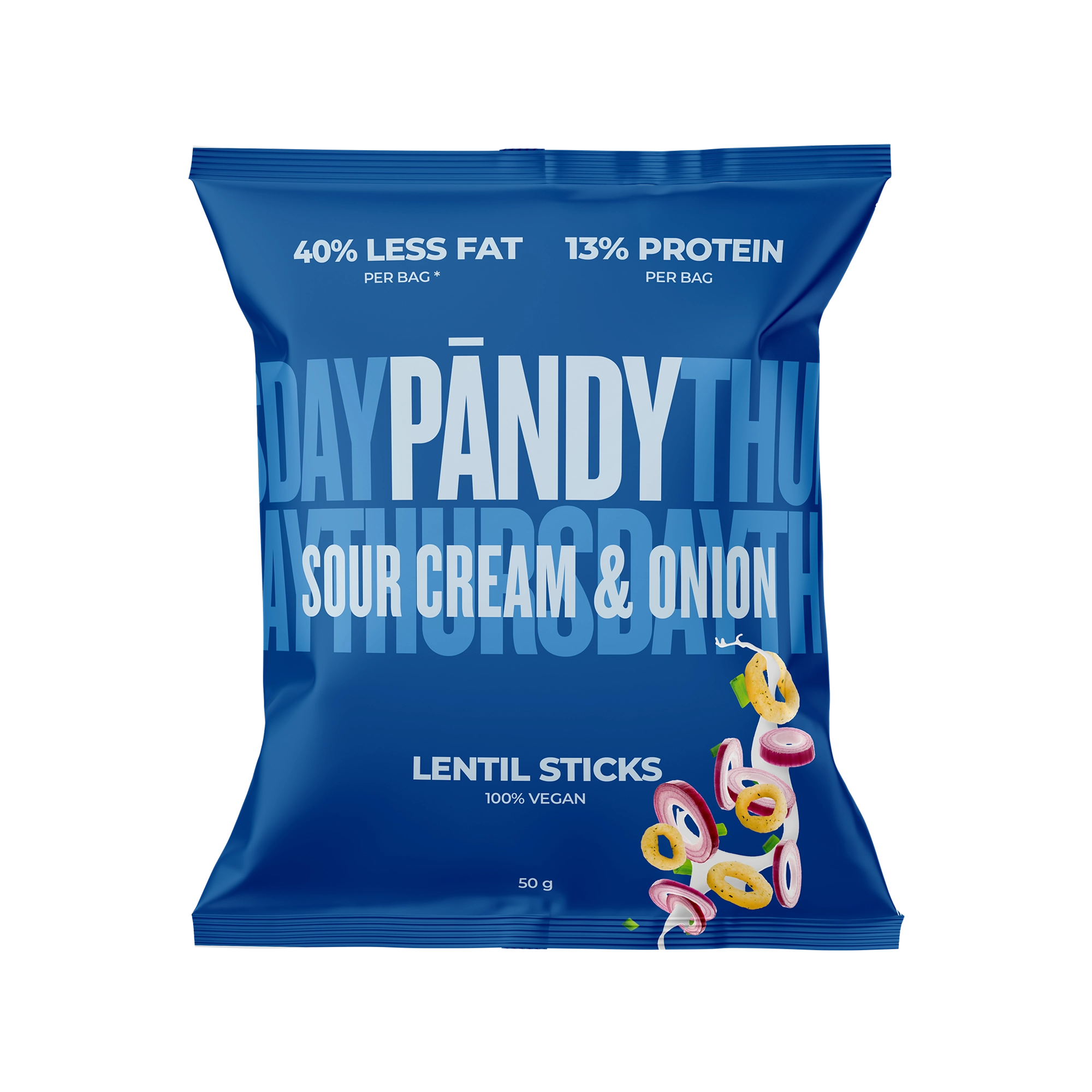 Pändy Lentil Snacks 50 g -linssisipsit tummansinisessä pussissa, makuna Sourcream &amp; Onion., kuva 1/1