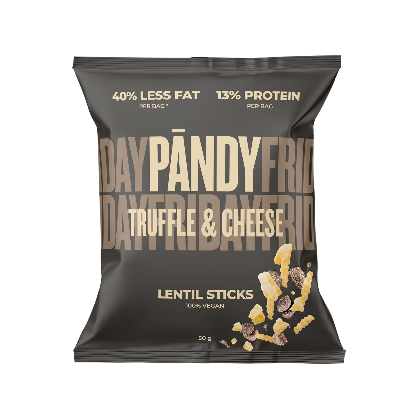 Pändy Lentil Snacks 50 g linssisipsit tummanruskeassa pussissa beigellä tekstillä, makuna Truffle &amp; Cheese., kuva 1/1