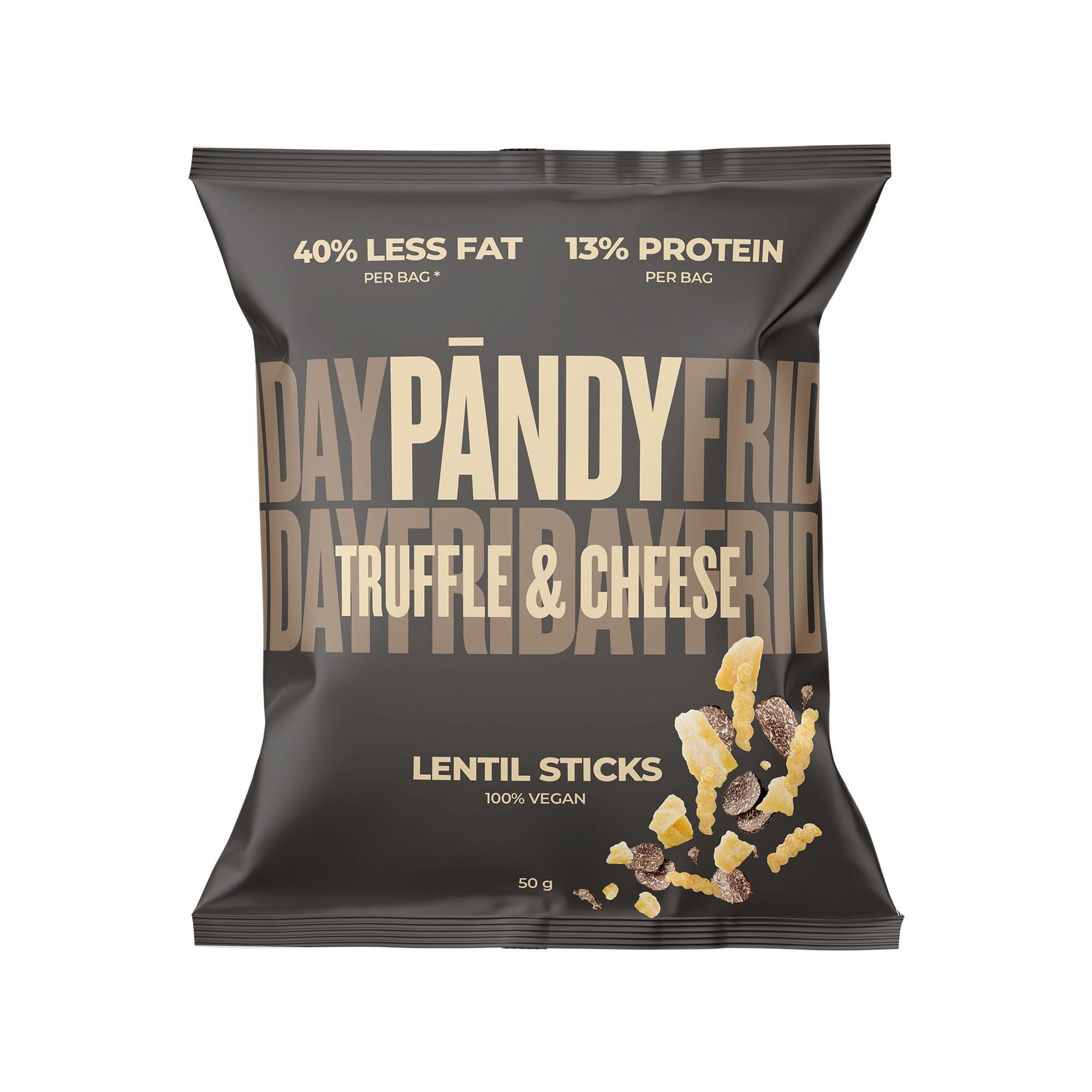 Pändy Lentil Snacks 50 g linssisipsit tummanruskeassa pussissa beigellä tekstillä, makuna Truffle &amp; Cheese., kuva 1/1