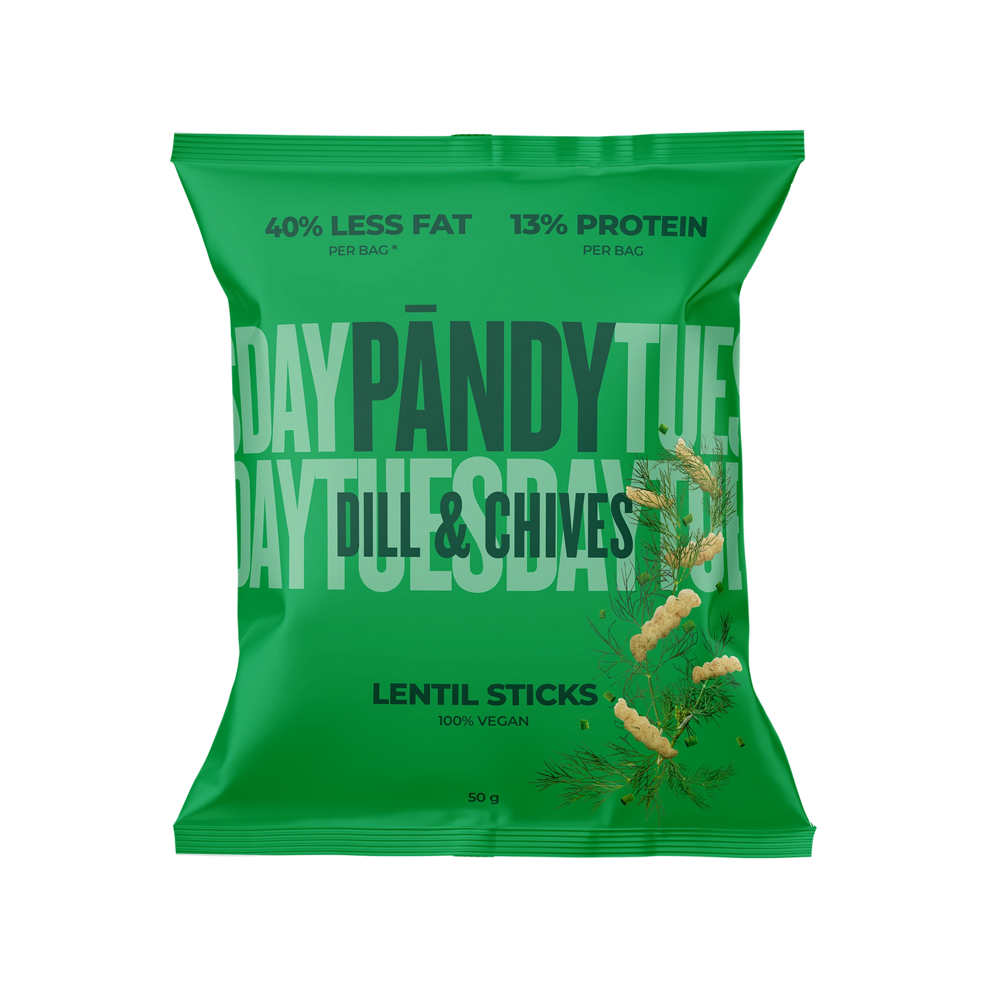 Pändy Lentil Sticks 50 g -linssisipsejä vihreässä pussissa, makuna Dill &amp; Chives., kuva 1/1