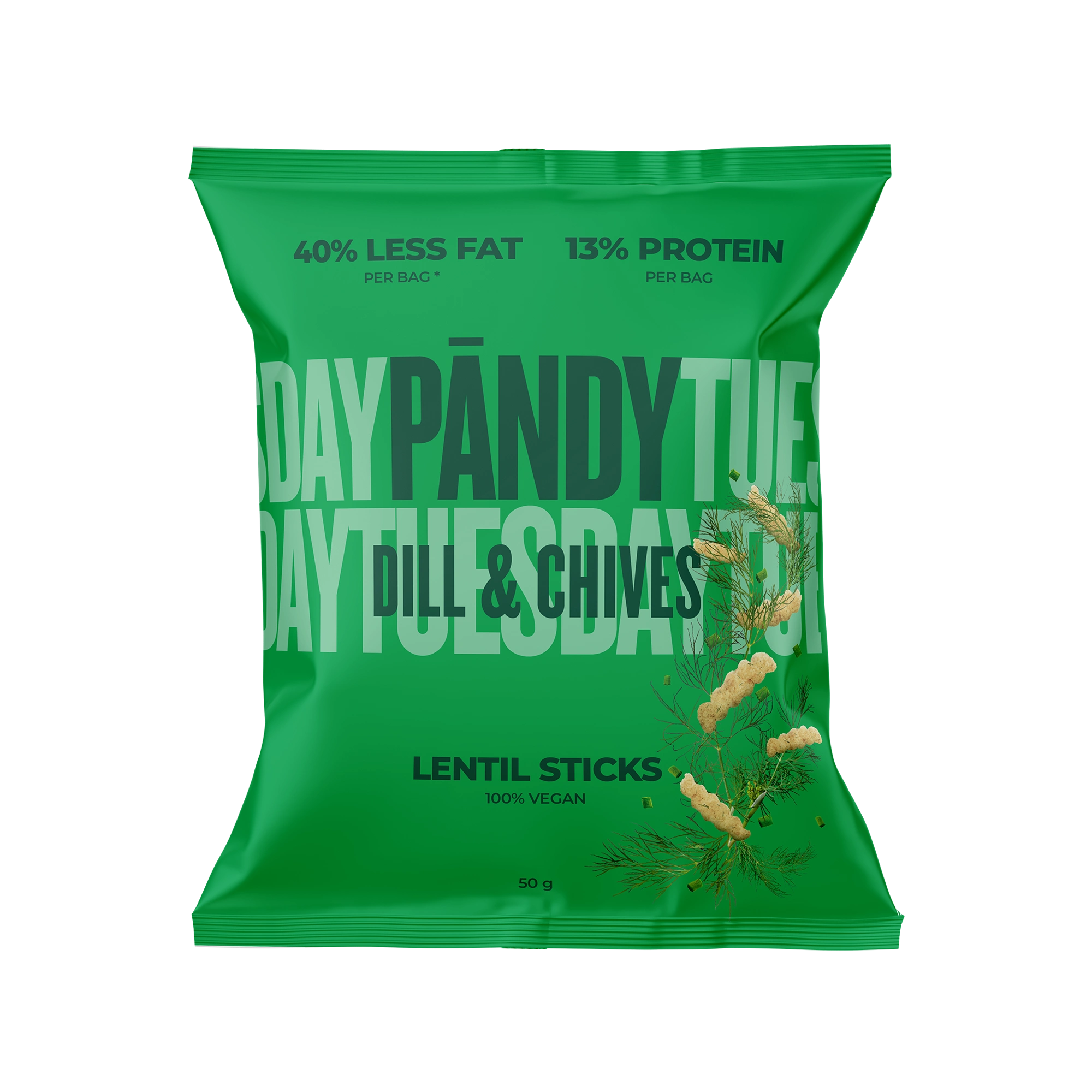 Pändy Lentil Sticks 50 g -linssisipsejä vihreässä pussissa, makuna Dill &amp; Chives., kuva 1/1