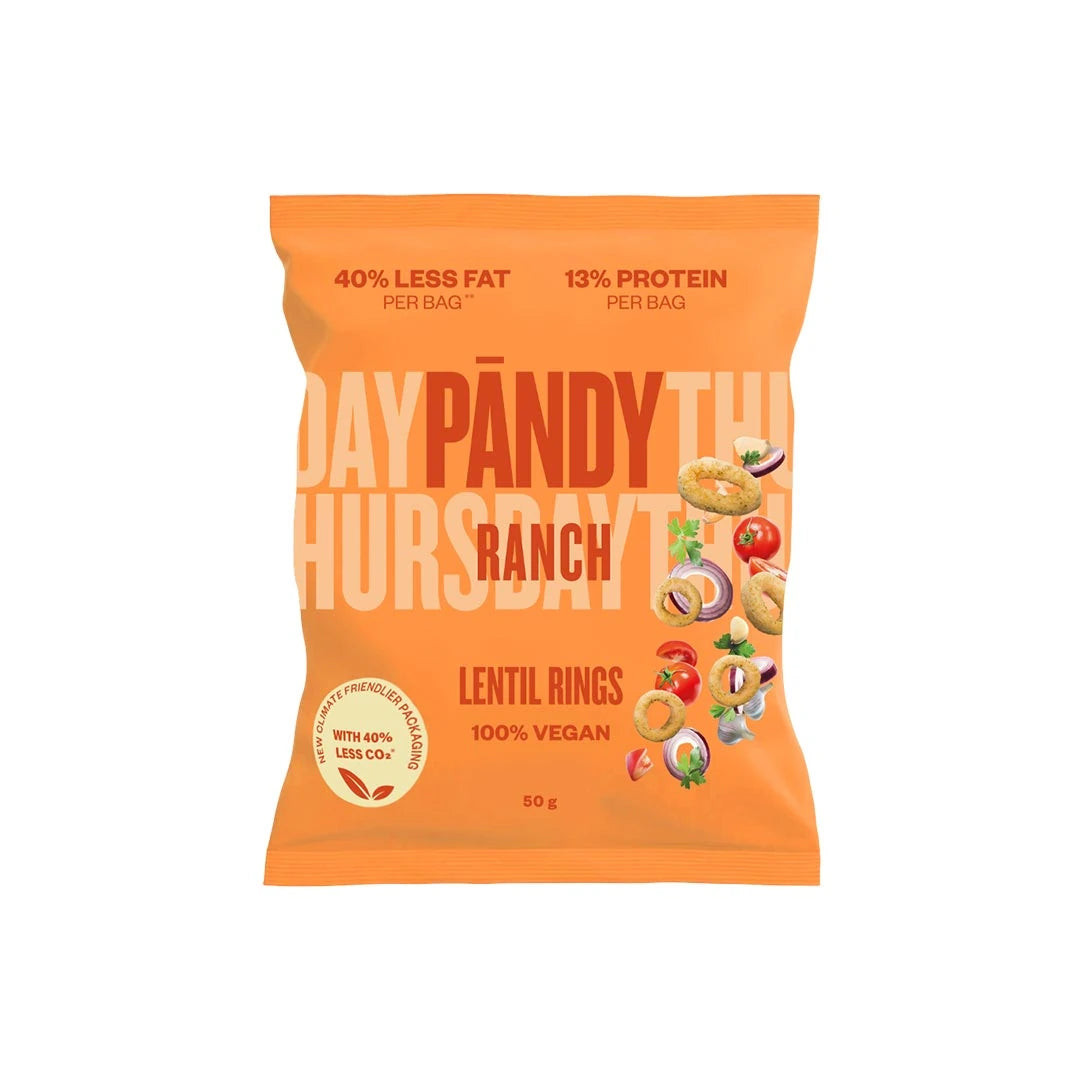 Pändy Lentil Snacks 50 g -linssisipsit oranssissa pussissa, makuna Ranch.
