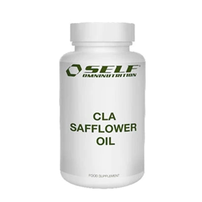 Self Omninutrition CLA Safflower Oil 120 caps -kapselit valkoisessa purkissa, jossa on vihreä logo ja teksti.