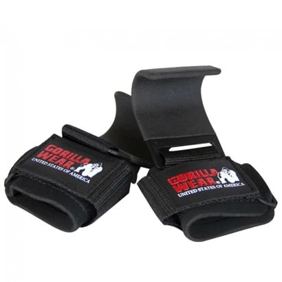 Gorilla Wear Weight Lifting Hooks Black -vetokoukut, mustat teräskoukut pehmustetuilla rannehihnoilla.