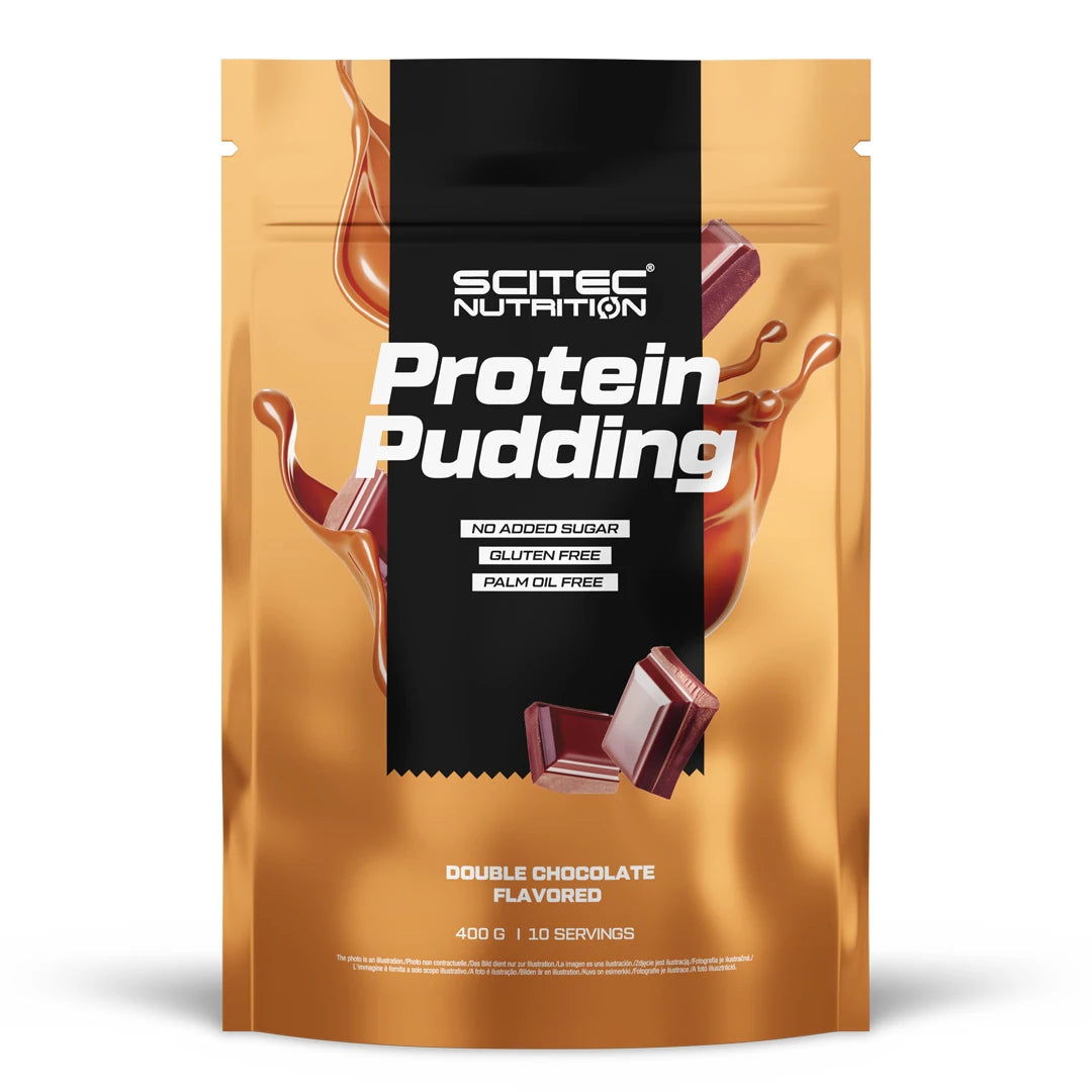 Scitec Nutrition Protein Pudding 400 g ruskeassa pussissa suklaakuvioinnilla, makuna Double Chocolate.