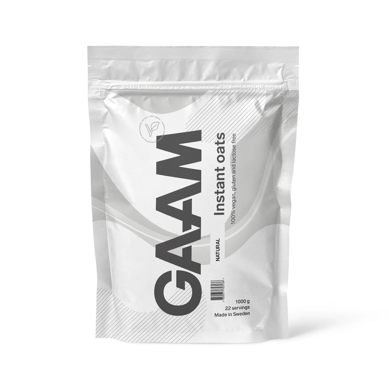 GAAM Instant Oats 1 kg -kaurajauhe tyylikkäässä valkoisessa pussissa, makuna maustamaton.