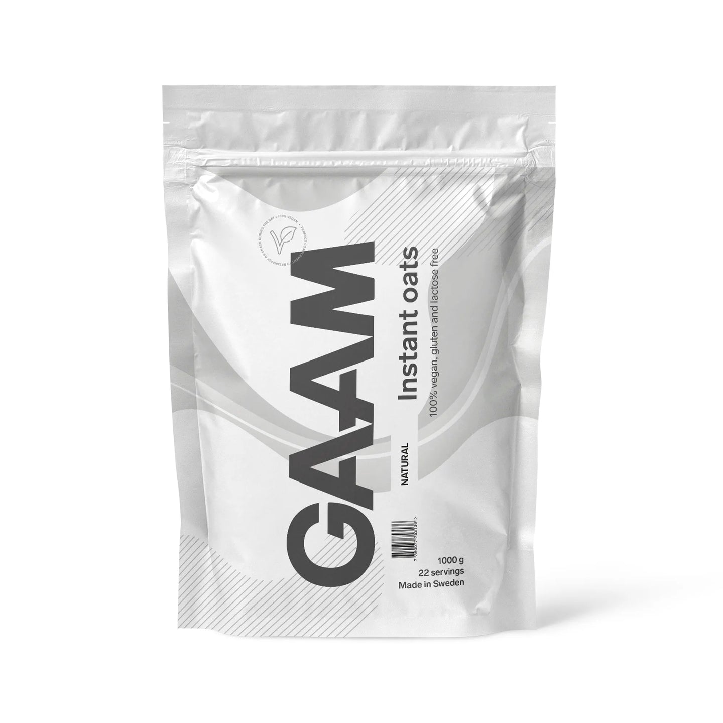 GAAM Instant Oats 1 kg -kaurajauhe tyylikkäässä valkoisessa pussissa, makuna maustamaton.