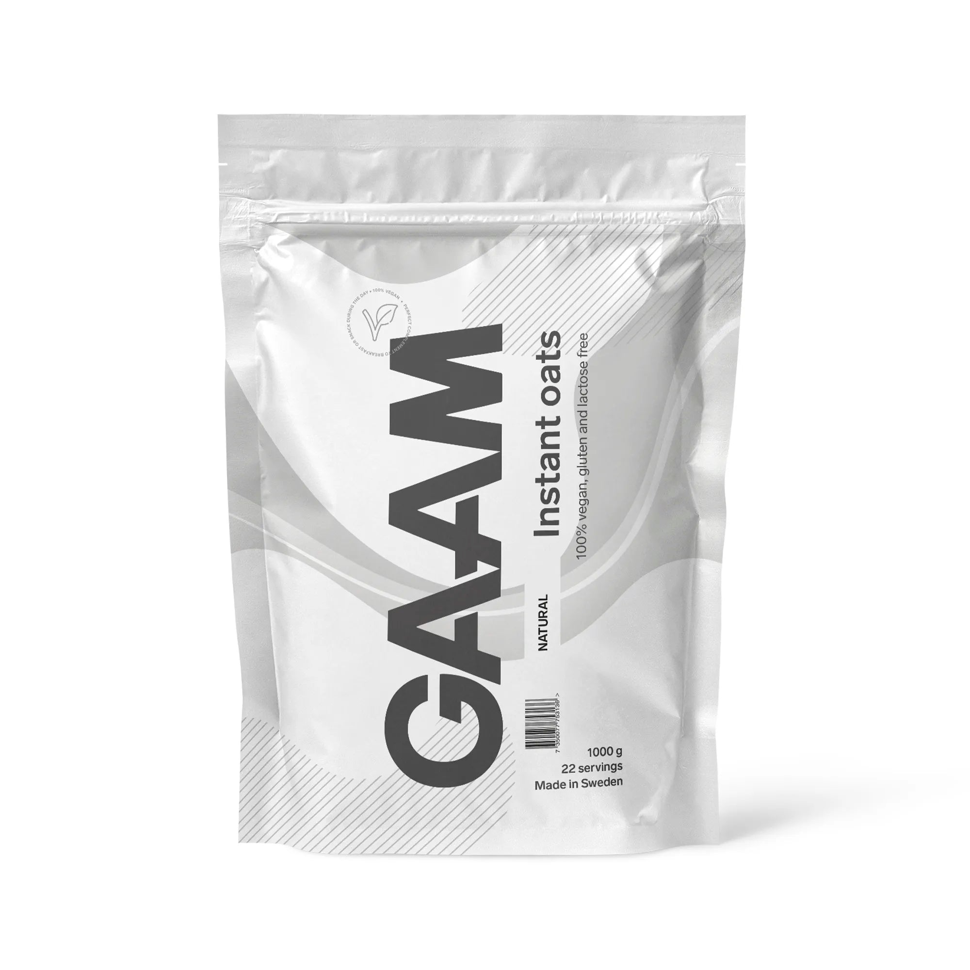 GAAM Instant Oats 1 kg -kaurajauhe tyylikkäässä valkoisessa pussissa, makuna maustamaton.