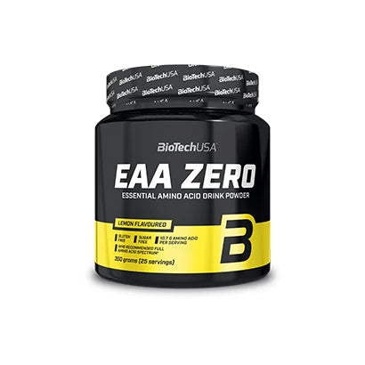 BioTechUSA EAA ZERO 350 g -EAA-jauhe makuna sitruuna, mustassa purkissa keltaisilla yksityiskohdilla.