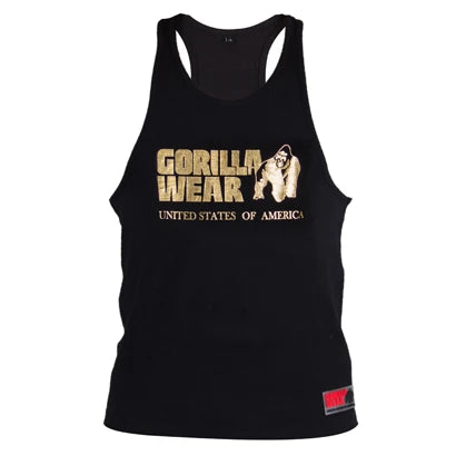 Gorilla Wear Classic Tank Top Black/Gold on musta puuvillainen painijatoppi suurella kullanvärisellä painatuksella., kuva 1/4