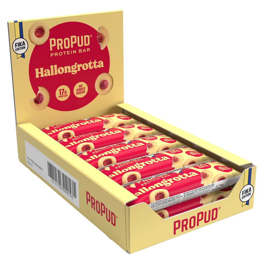 12 x NJIE Propud Proteinbar 55 g keltaisessa laatikossa punaisilla yksityiskohdilla, makuna Hallongrotta.