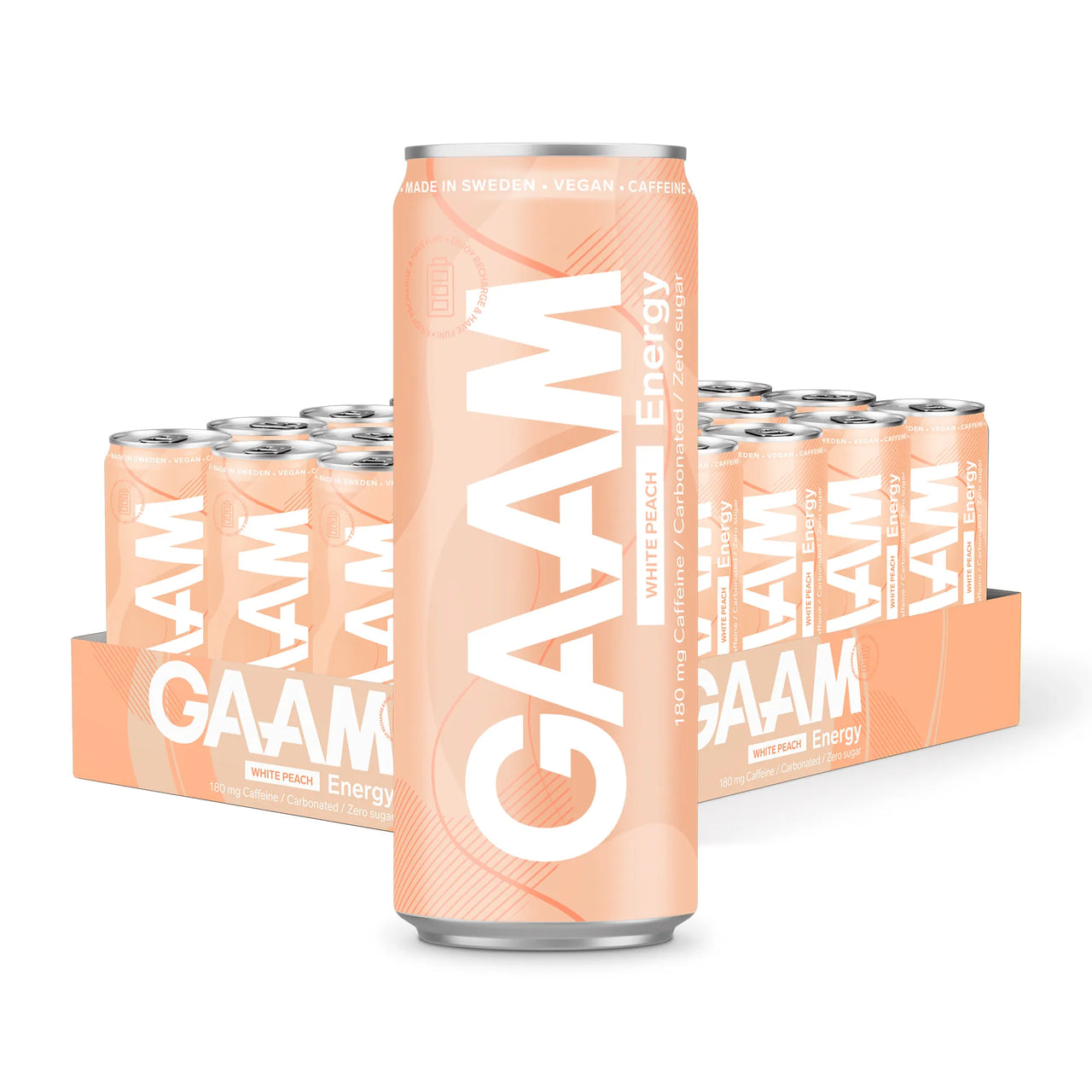 24 x GAAM Energy 330 ml White Peach -lava vaaleanoransseilla tölkeillä ja valkoisella tekstillä.