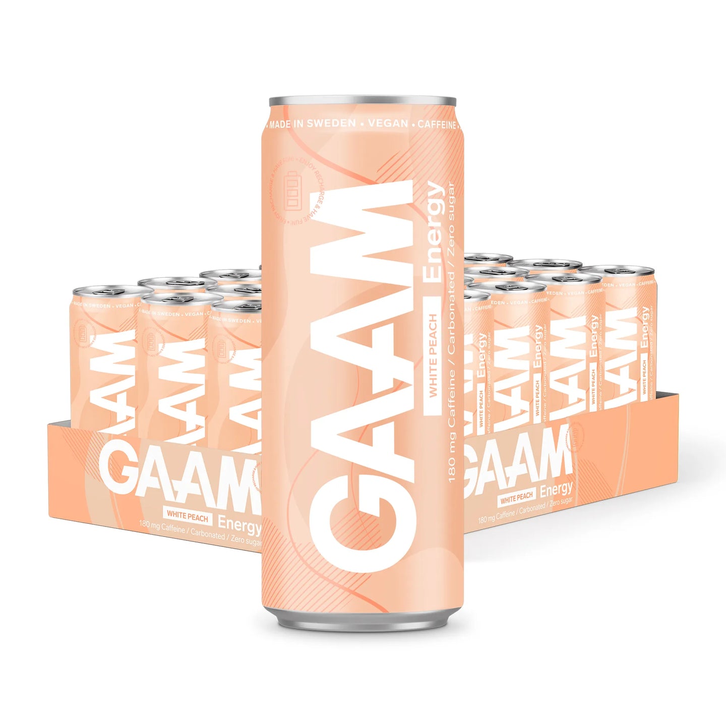 24 x GAAM Energy 330 ml White Peach -lava vaaleanoransseilla tölkeillä ja valkoisella tekstillä.