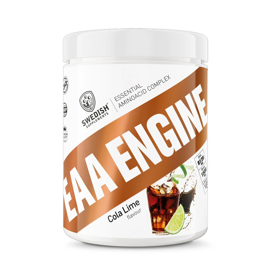 Valkoinen muovipurkki Swedish Supplements EAA Engine 450 g -aminohappojauhetta Cola Lime -maussa.