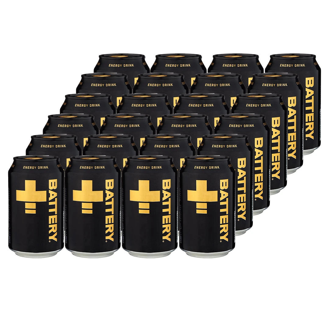 24 x Battery Energy Drink 330 ml 33B -energiajuomat 24 tölkin pakkauksessa, mustat tölkit kultaisilla yksityiskohdilla.