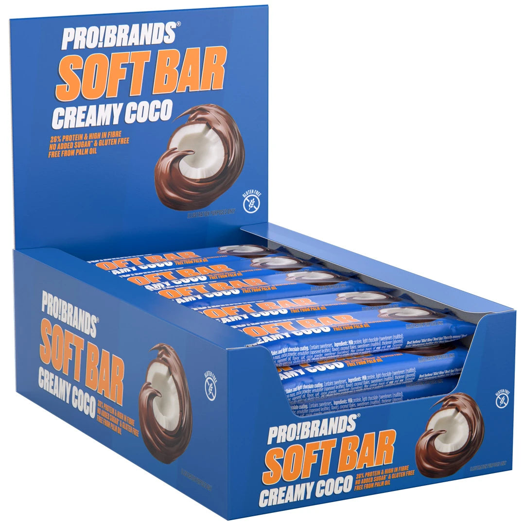 15 x Pro Brands Softbar 40 g Creamy Coco sinisessä laatikossa täynnä proteiinipatukoita sinisissä kääreissä.