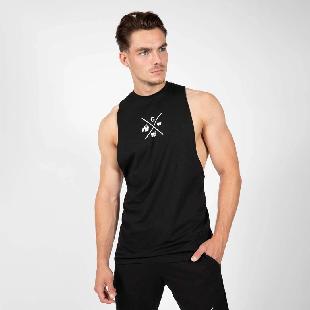 Musta puuvillainen Gorilla Wear Cisco Drop Armhole Tank Top Black -treenitoppi syvillä kädenteillä ja valkoisella logolla., kuva 4/6