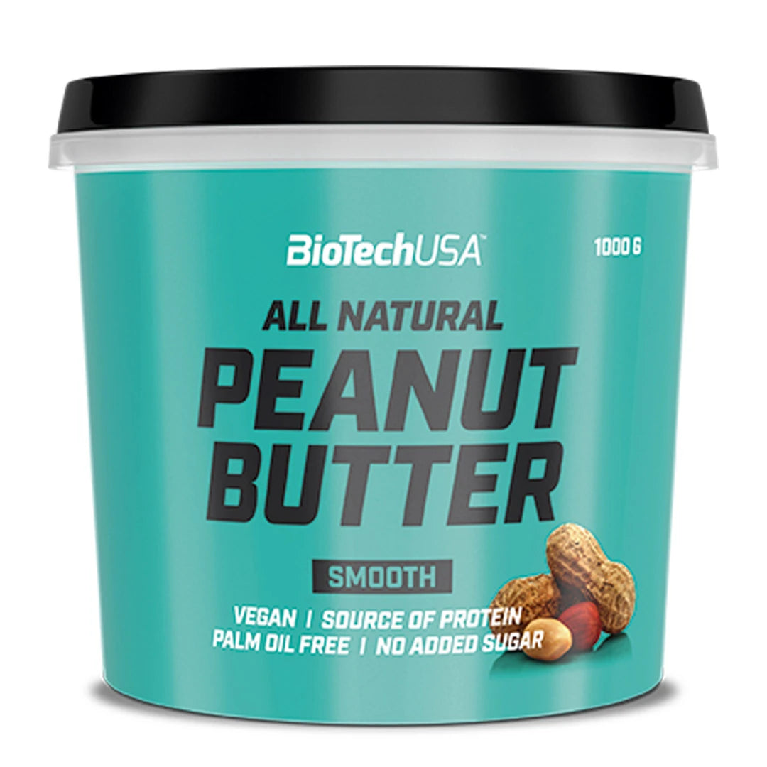 BioTechUSA Peanut Butter 1 kg Smooth -maapähkinävoi turkoosissa purkissa mustalla kannella., kuva 2/2