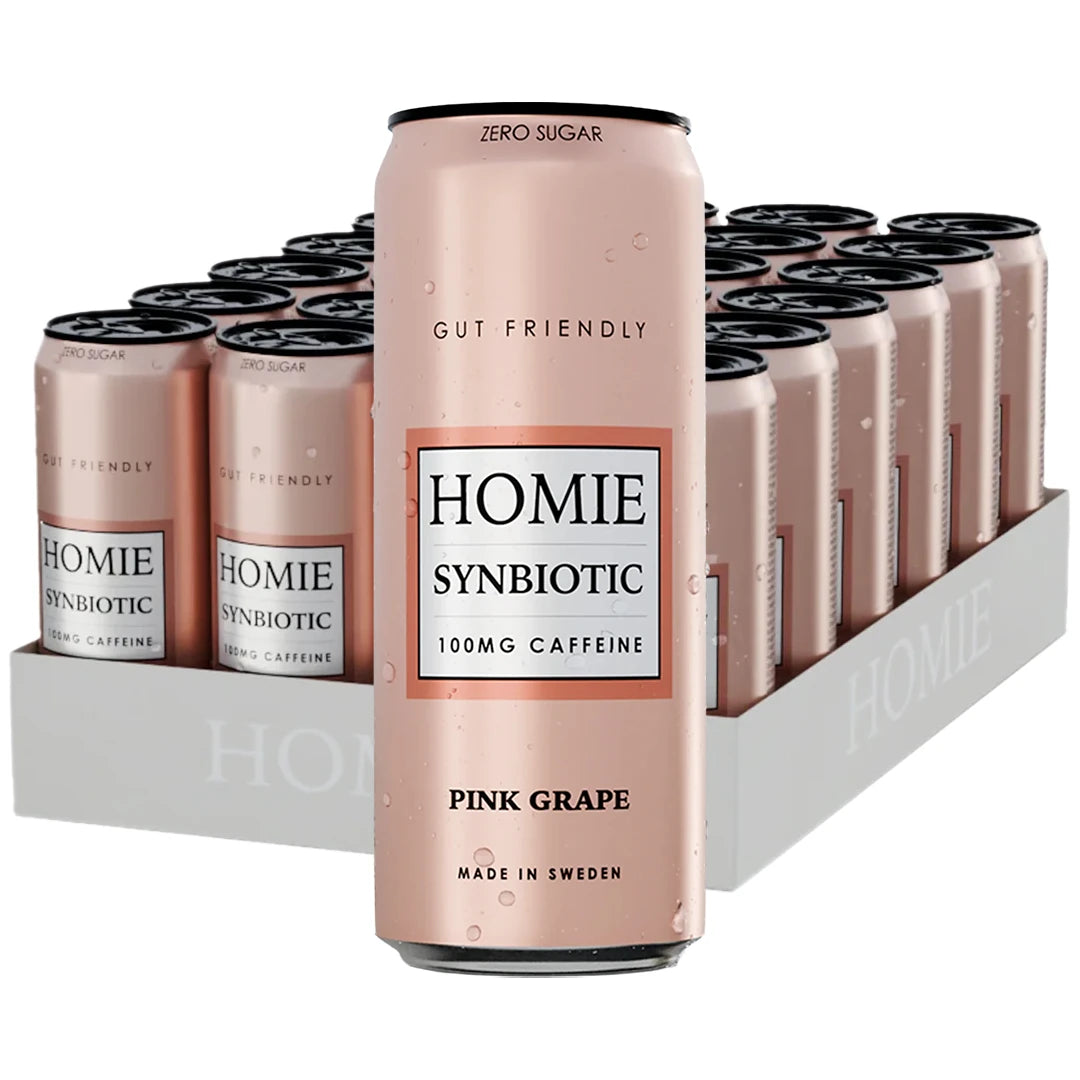 24 x Homie Wake Up Synbiotic 330 ml Pink Grapefruit valkoisessa laatikossa vaaleanpunaisilla tölkeillä.
