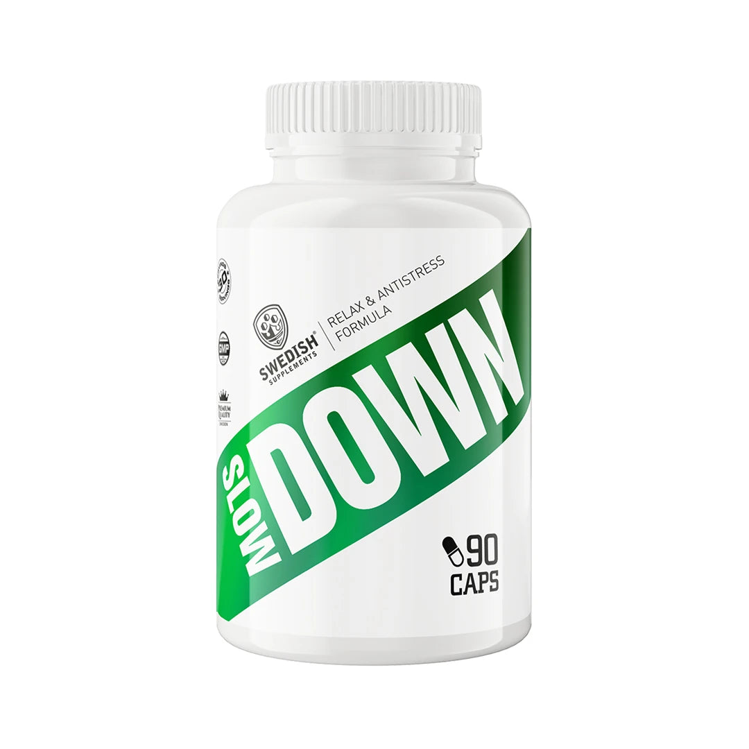 Swedish Supplements Slow Down 90 caps valkoisessa purkissa, jossa on selkeä vihreä teksti.
