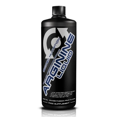 Scitec Nutrition Liquid Arginine 1000 ml -aminohapot mustassa pullossa hopeisilla ja sinisillä yksityiskohdilla.