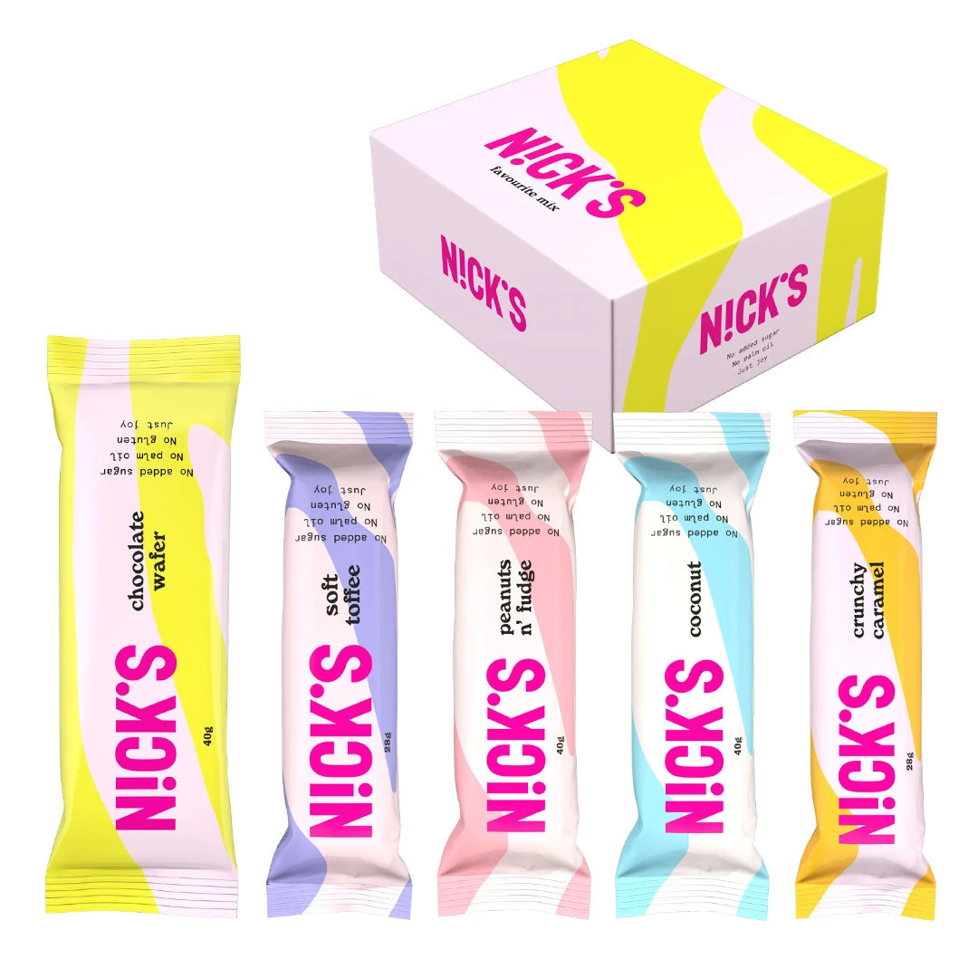 12 x Nicks Favorite Mix, värikäs laatikko erilaisia ilman lisättyä sokeria olevia suklaapatukoita.