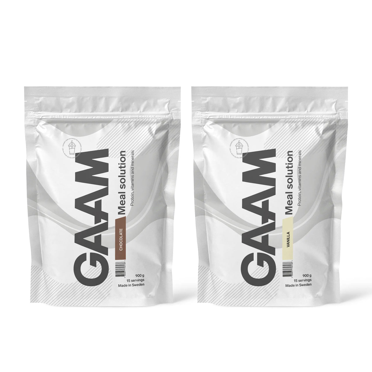 2 x GAAM Meal Solution 900 g -ateriankorvike kahdessa valkoisessa pussissa, makuna Chocolate ja Vanilla.