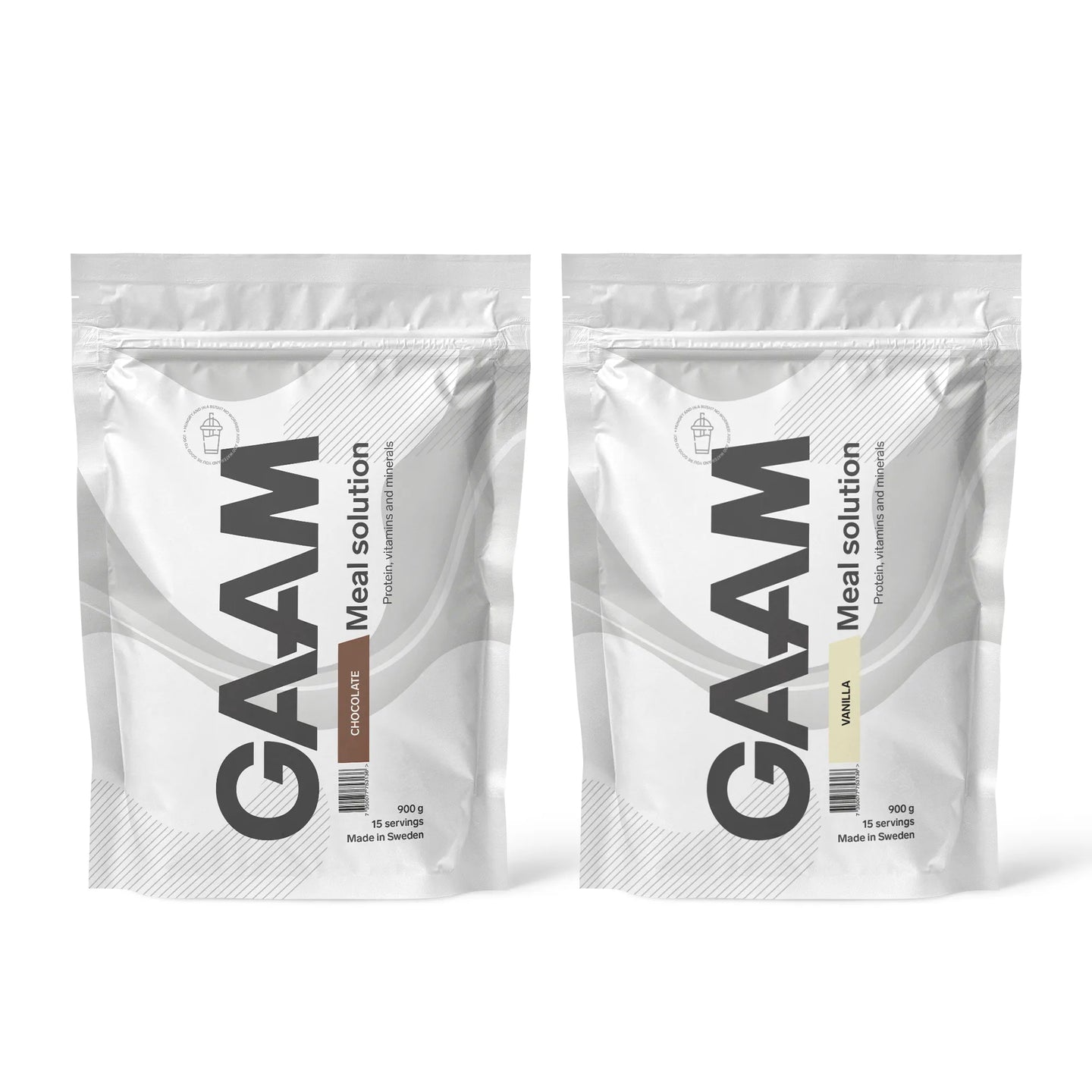 2 x GAAM Meal Solution 900 g -ateriankorvike kahdessa valkoisessa pussissa, makuna Chocolate ja Vanilla.