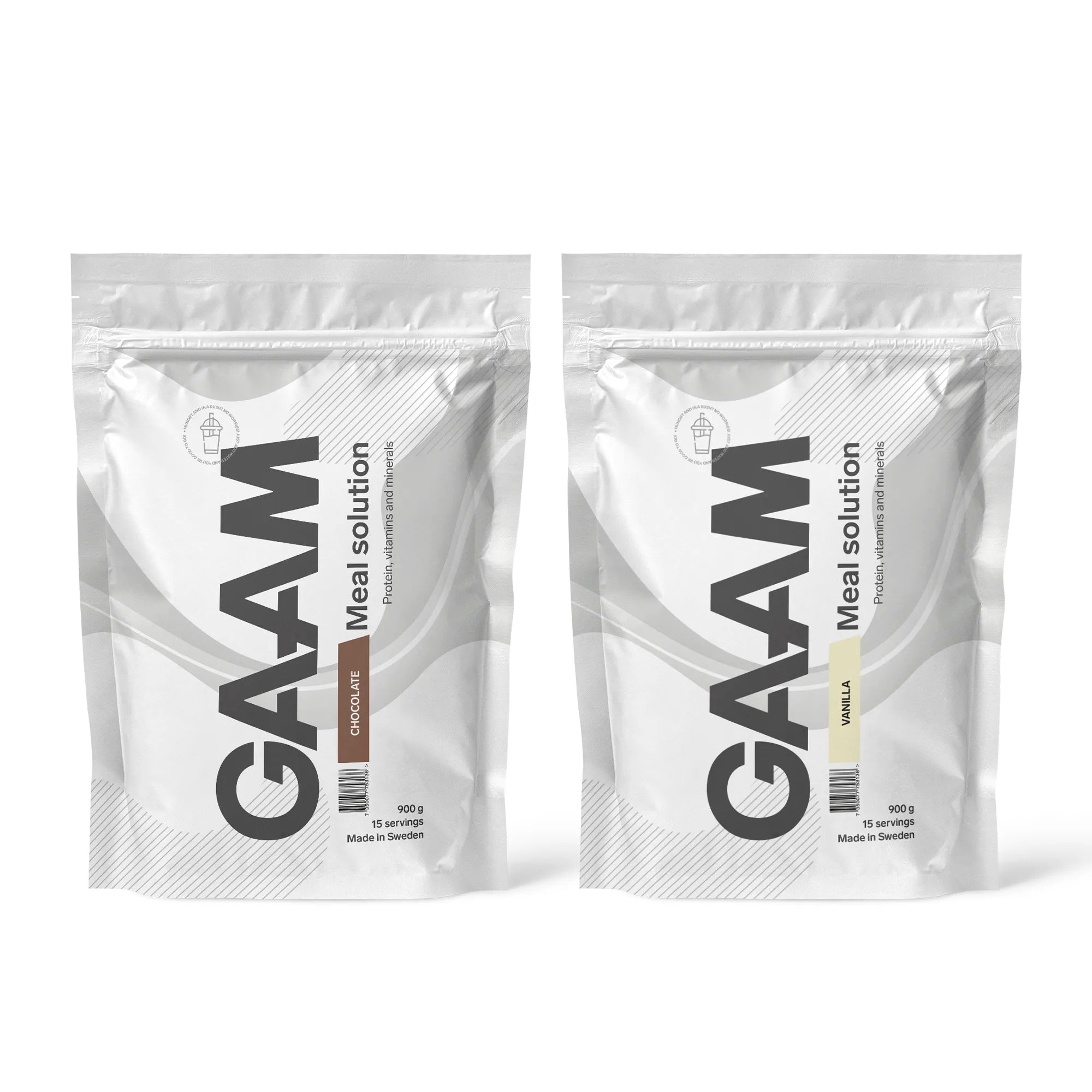 2 x GAAM Meal Solution 900 g -ateriankorvike kahdessa valkoisessa pussissa, makuna Chocolate ja Vanilla.